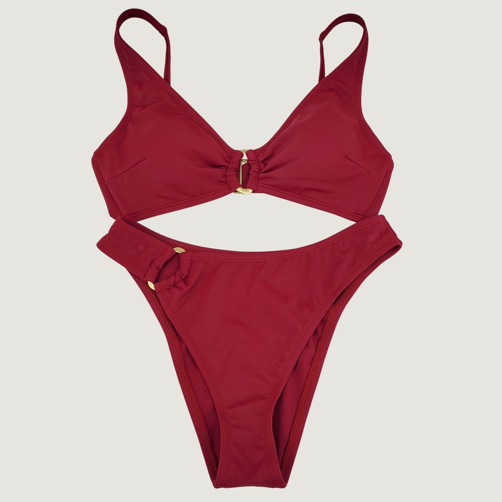 Sofia by Sofia Vergara Ring Detail Cheeky‎ Mid Rise Bikini Small Cranberry Red